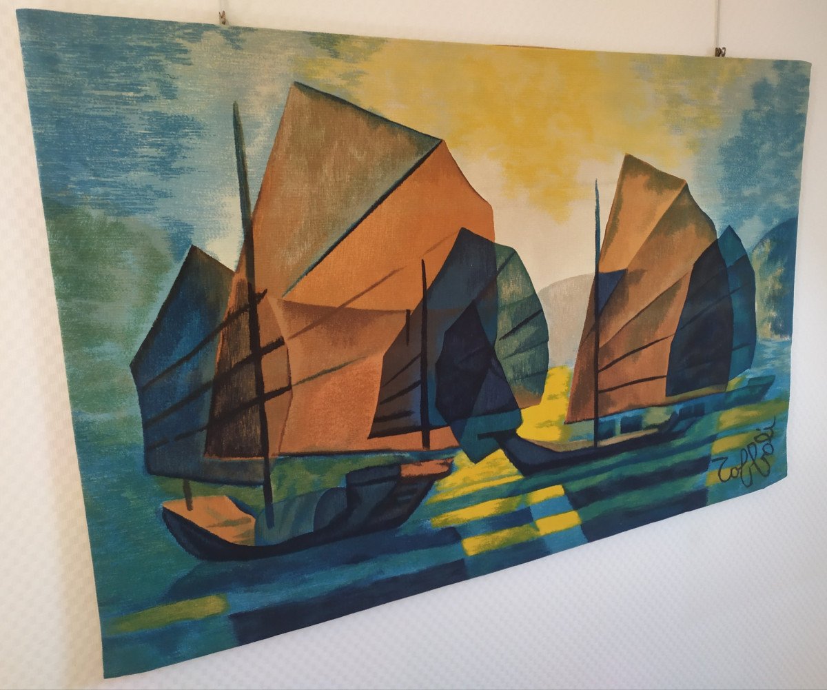 Aubusson Tapestry “les Sampans” By Toffoli - 20th Century.-photo-1