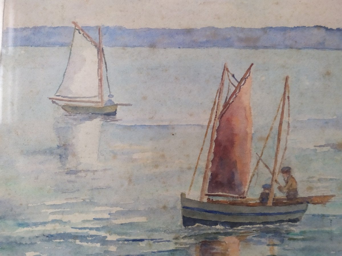 Marine Watercolor Brittany Ploumanac'h - A. Daniel - 20th Century.-photo-2