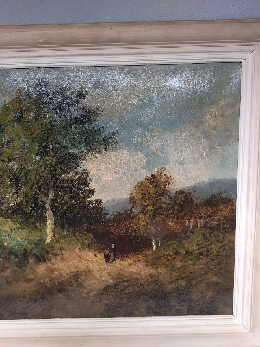 Oil On Canvas – Countryside Landscape And Animated Forest – Signed Vallet - 19th Century.-photo-2
