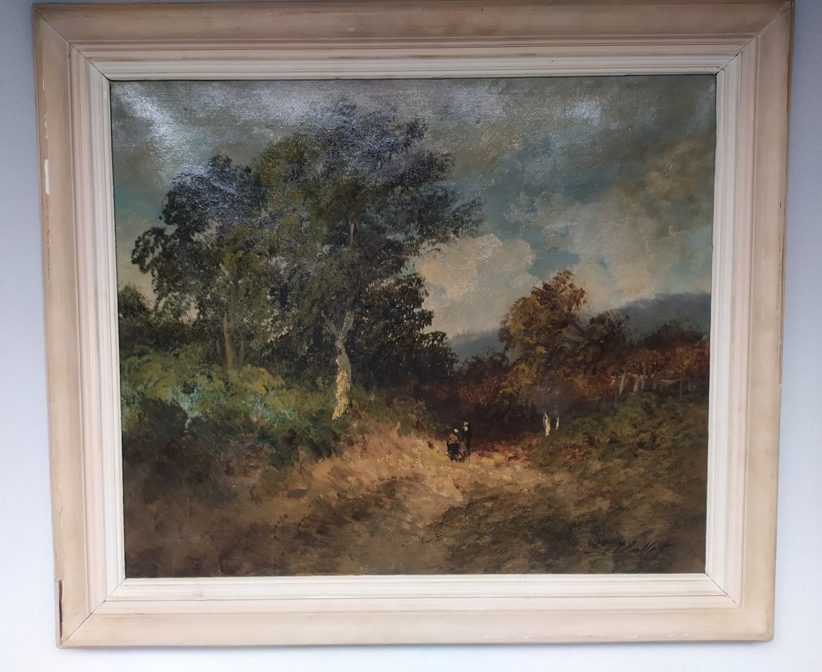 Oil On Canvas – Countryside Landscape And Animated Forest – Signed Vallet - 19th Century.