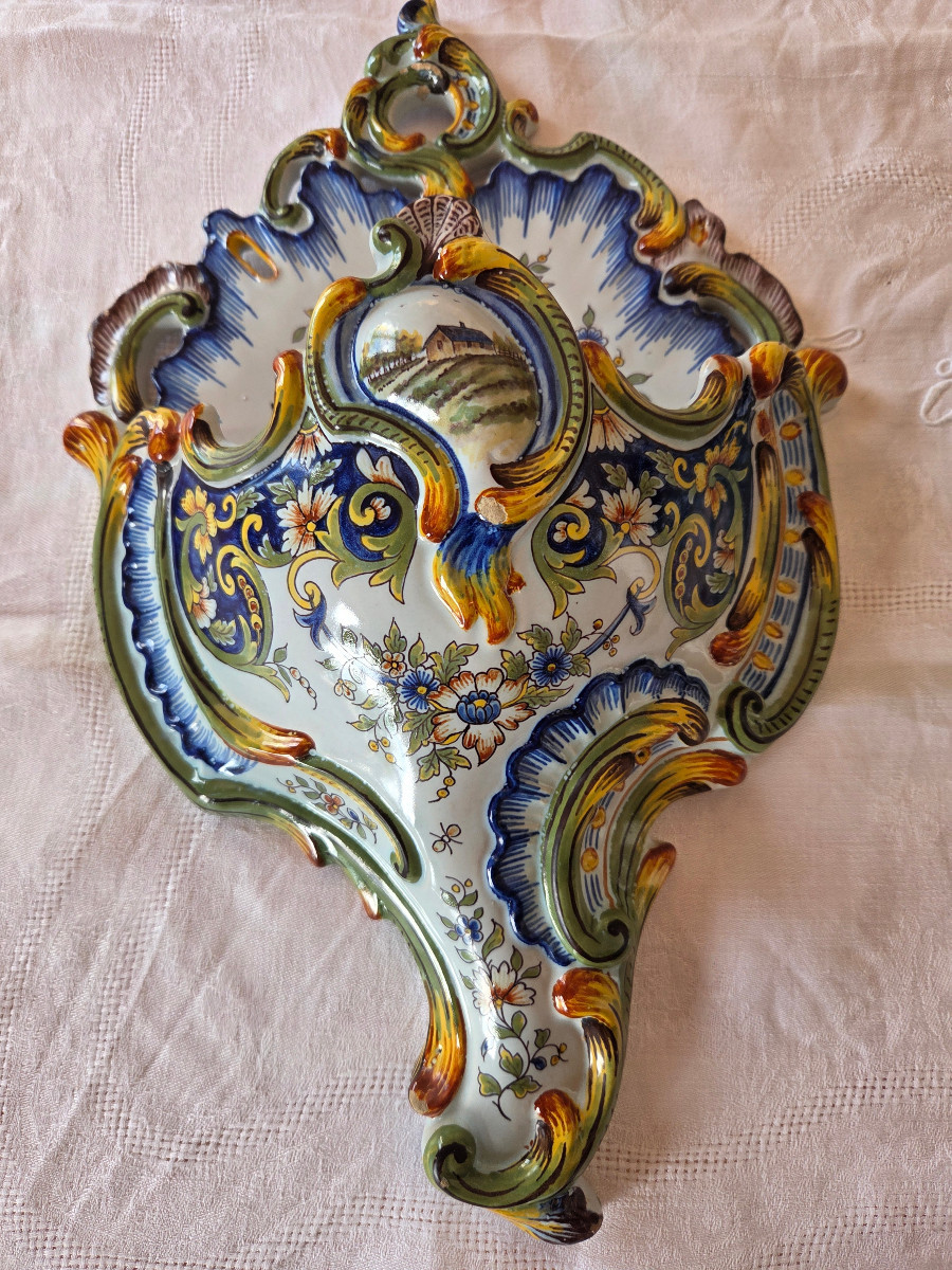 Pair Of Faience Wall Sconces In The Shape Of Horn Of Abundance – Desvres – Fourmaintraux – 20th Century-photo-2