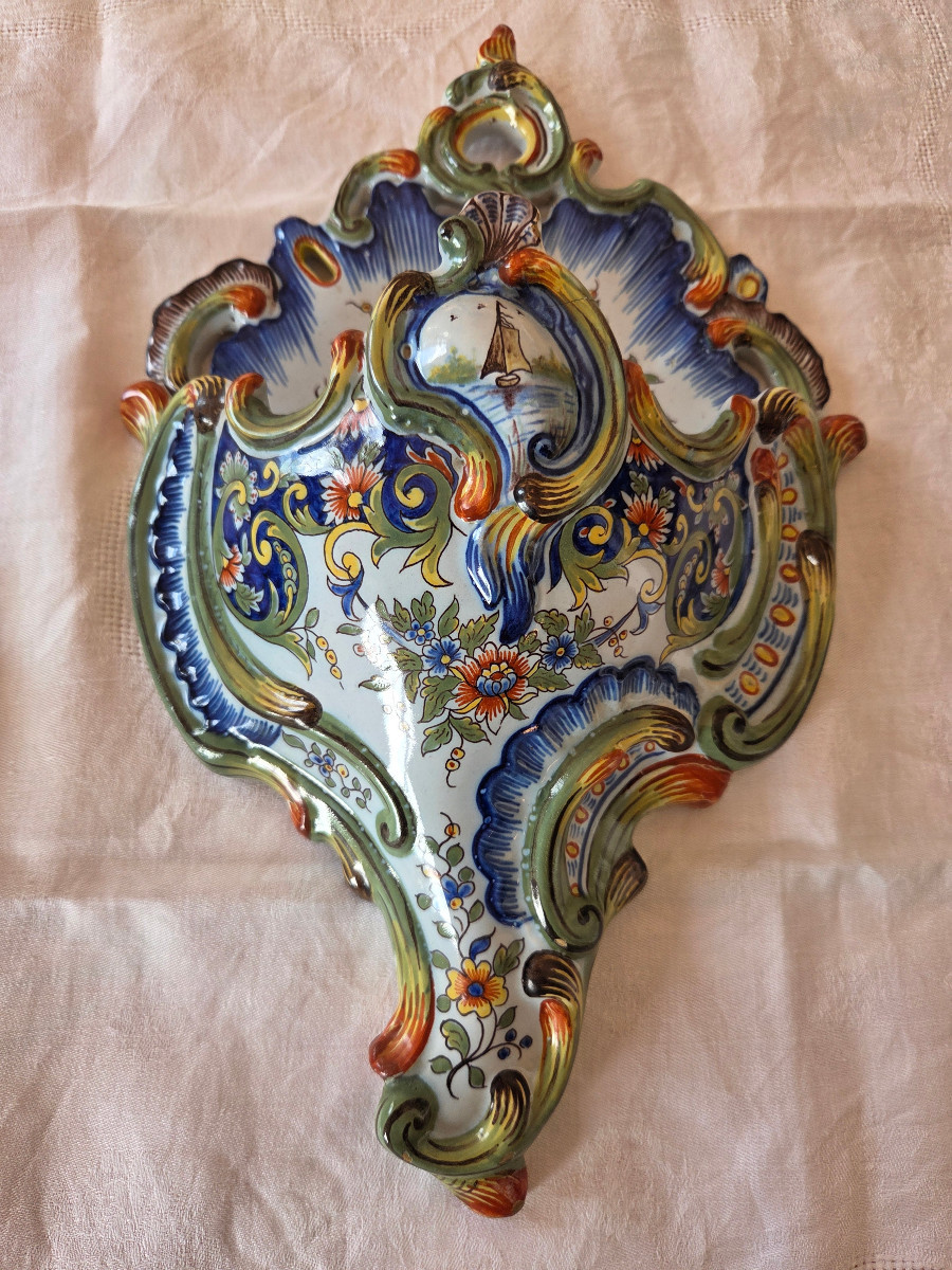 Pair Of Faience Wall Sconces In The Shape Of Horn Of Abundance – Desvres – Fourmaintraux – 20th Century-photo-3
