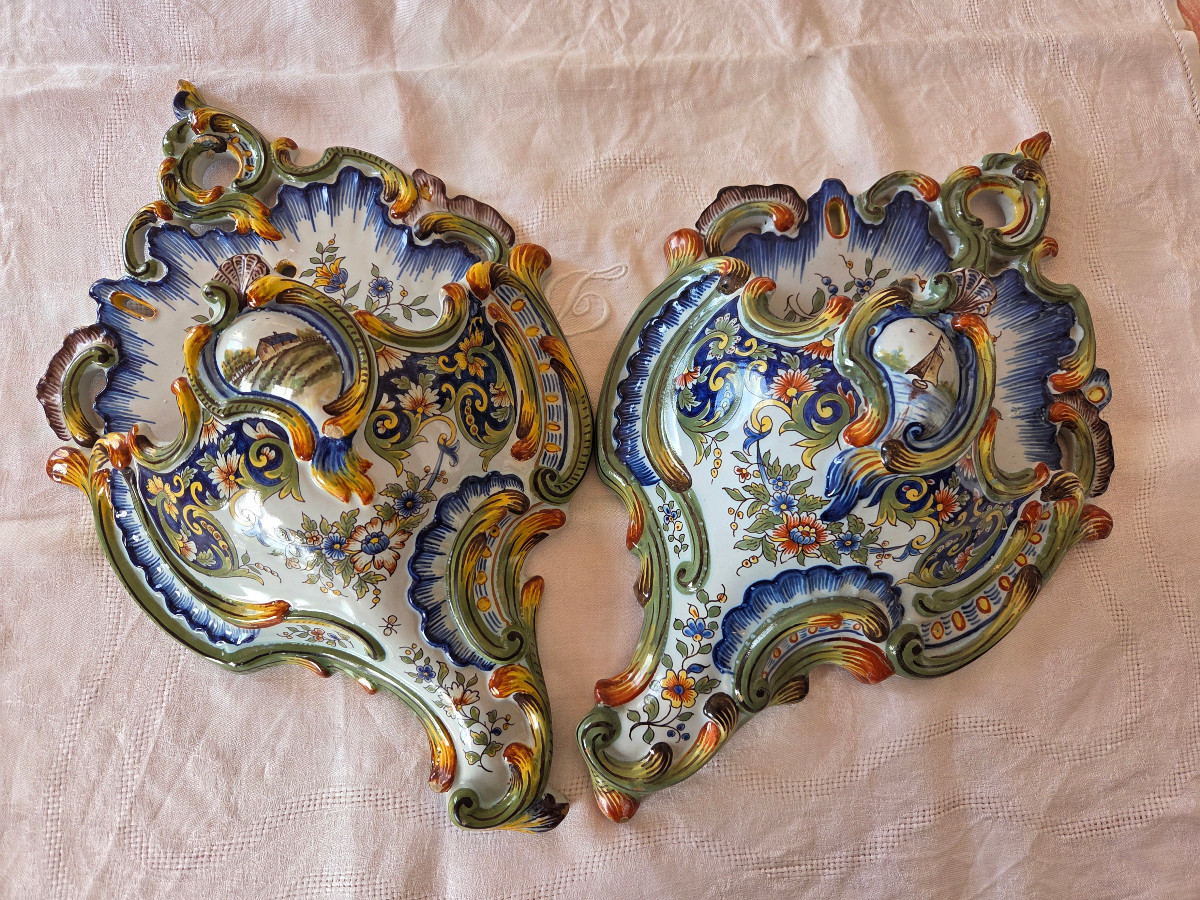Pair Of Faience Wall Sconces In The Shape Of Horn Of Abundance – Desvres – Fourmaintraux – 20th Century-photo-2