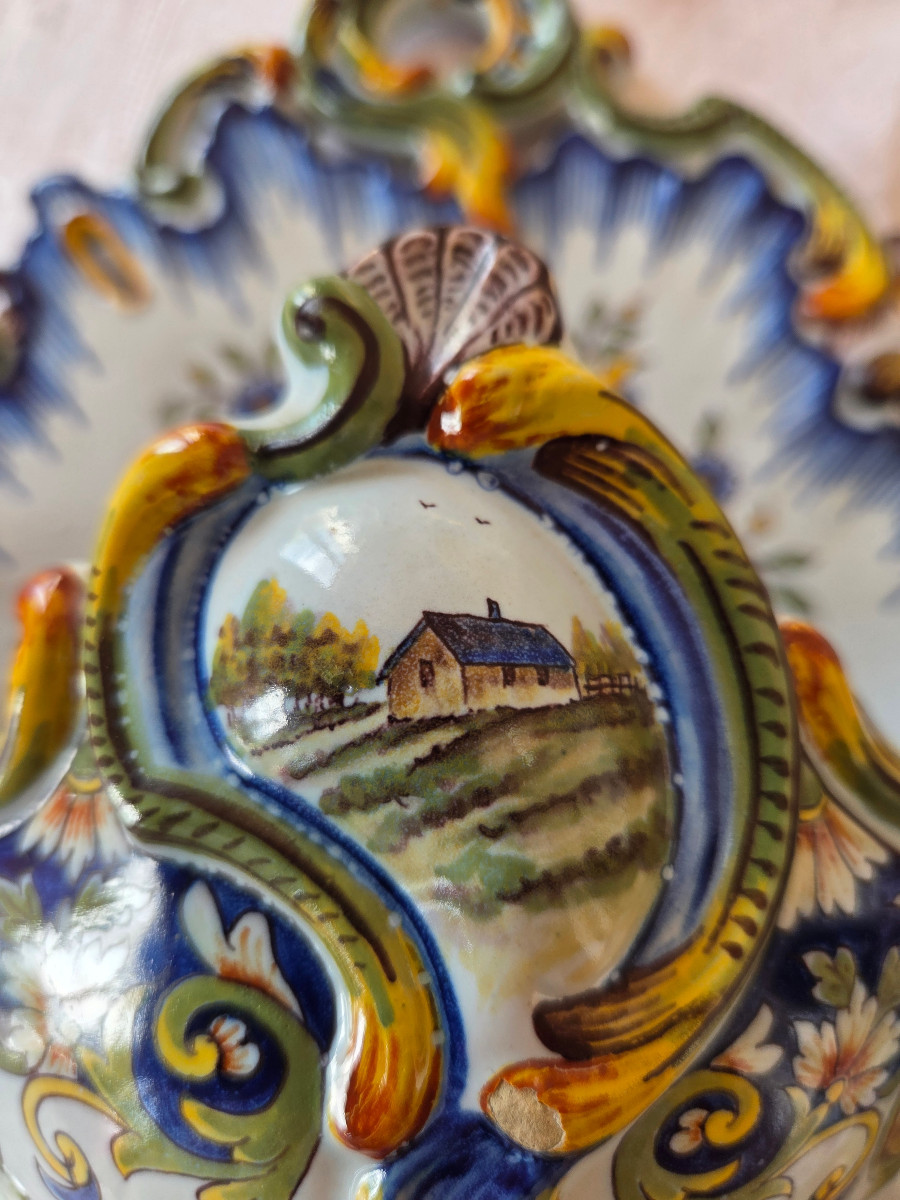 Pair Of Faience Wall Sconces In The Shape Of Horn Of Abundance – Desvres – Fourmaintraux – 20th Century-photo-3