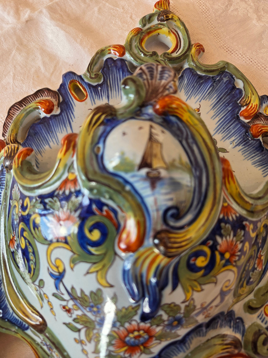 Pair Of Faience Wall Sconces In The Shape Of Horn Of Abundance – Desvres – Fourmaintraux – 20th Century-photo-4