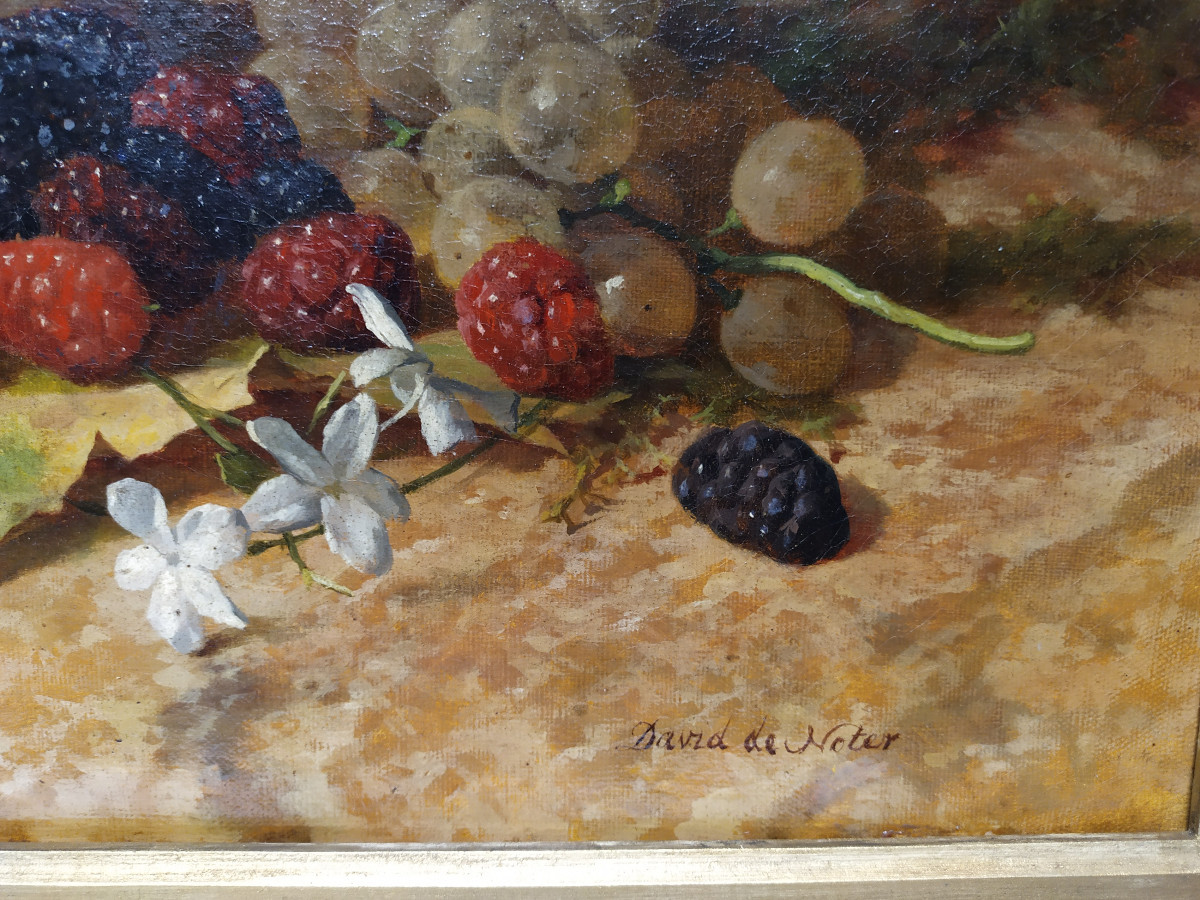 Oil On Canvas - Still Life With Fruit And Flowers - David De Noter - 19th Century-photo-2
