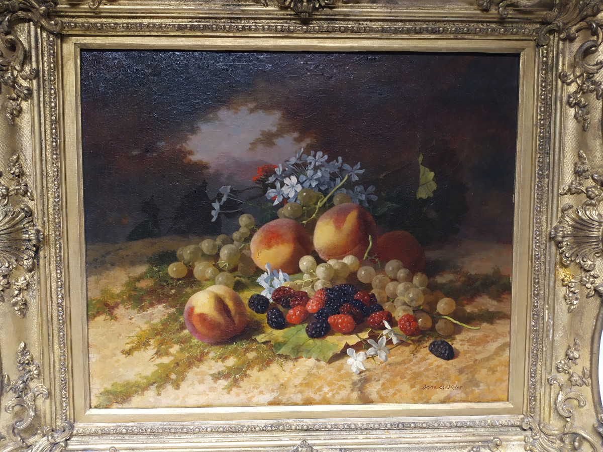 Oil On Canvas - Still Life With Fruit And Flowers - David De Noter - 19th Century-photo-1