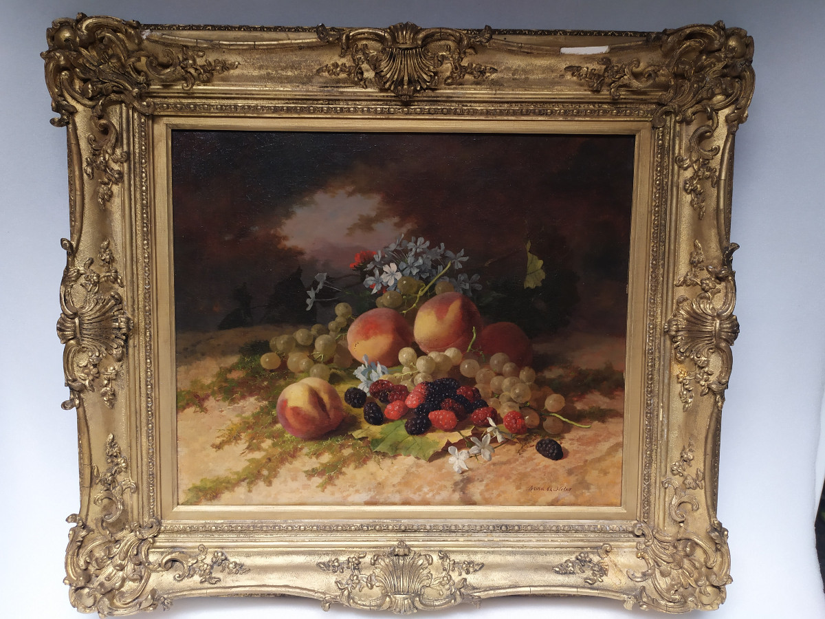 Oil On Canvas - Still Life With Fruit And Flowers - David De Noter - 19th Century