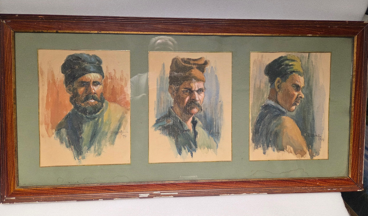 Edmond Delphaut -a Triptic Watercolor Of Serbian Prisoners During The 14-18 War.-photo-1
