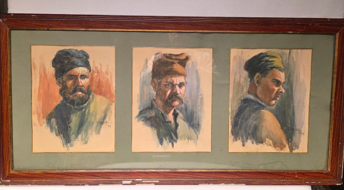 Edmond Delphaut -a Triptic Watercolor Of Serbian Prisoners During The 14-18 War.
