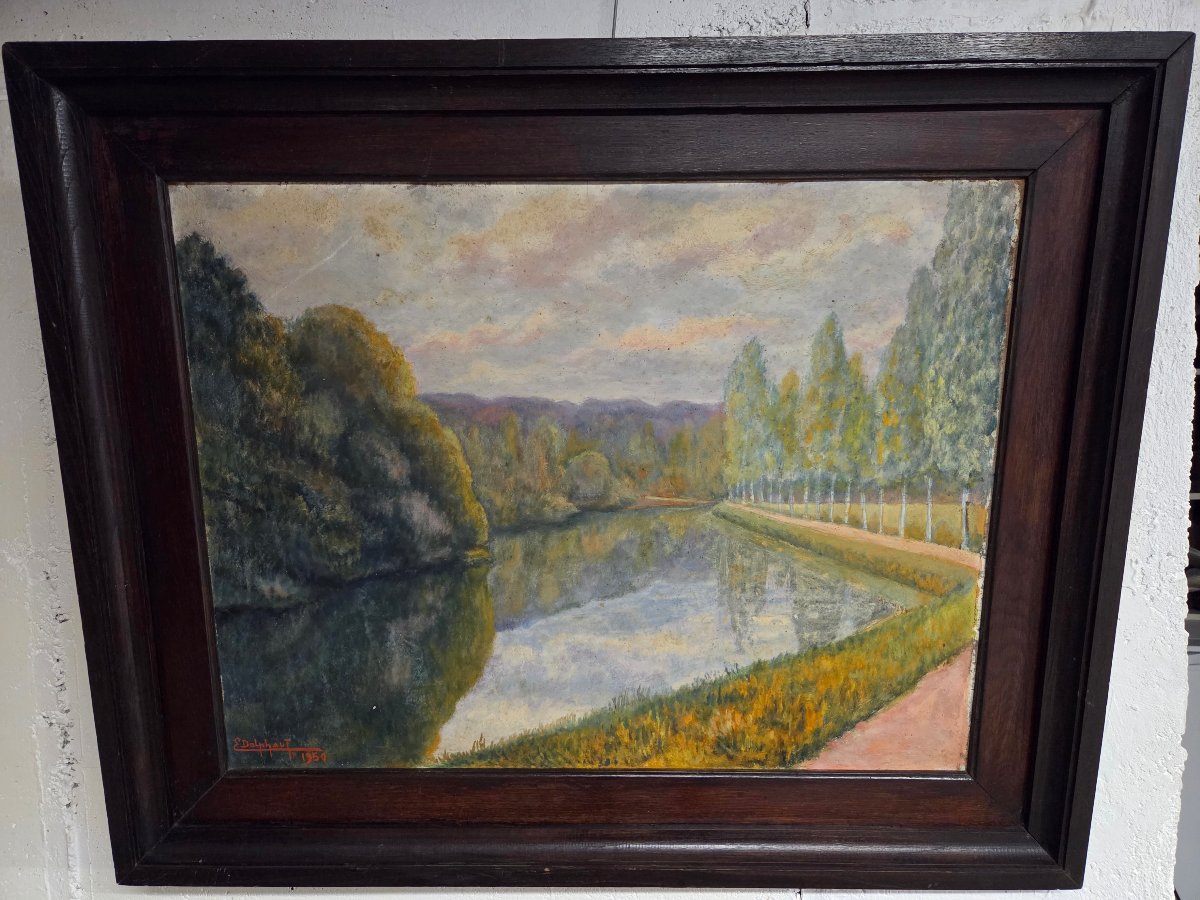 HUILE SUR PANNEAU BOIS – CANAL DE NANTES A BREST-Edmond DELPHAUT – XXème siècle.-photo-4