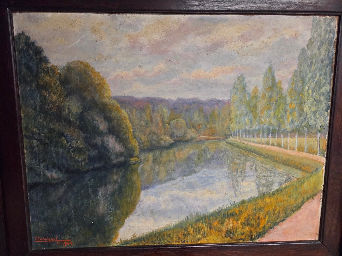 HUILE SUR PANNEAU BOIS – CANAL DE NANTES A BREST-Edmond DELPHAUT – XXème siècle.-photo-2