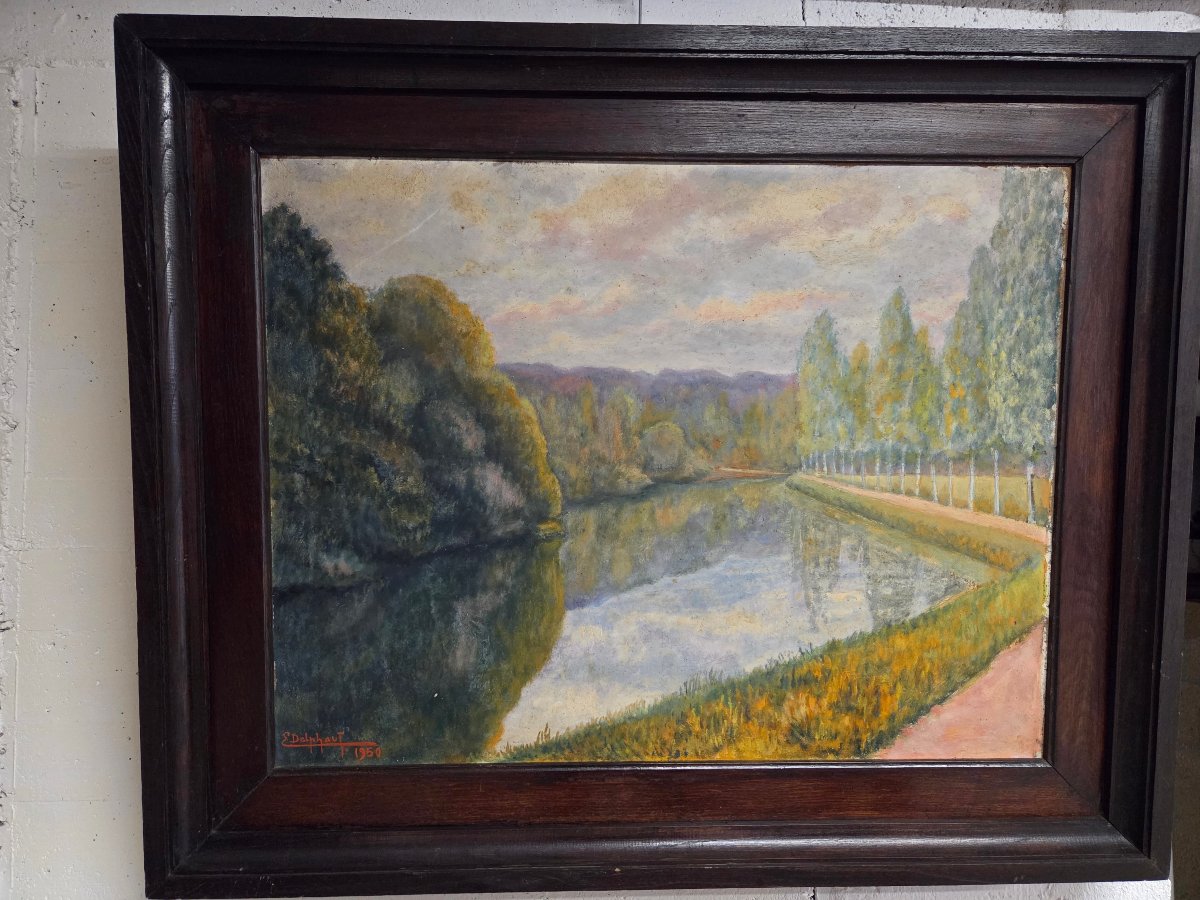 HUILE SUR PANNEAU BOIS – CANAL DE NANTES A BREST-Edmond DELPHAUT – XXème siècle.-photo-5
