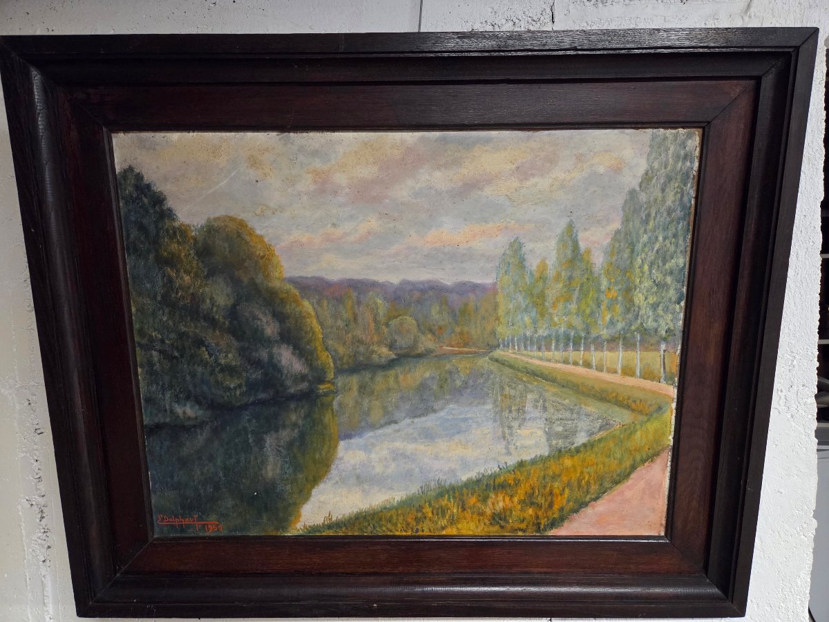 HUILE SUR PANNEAU BOIS – CANAL DE NANTES A BREST-Edmond DELPHAUT – XXème siècle.