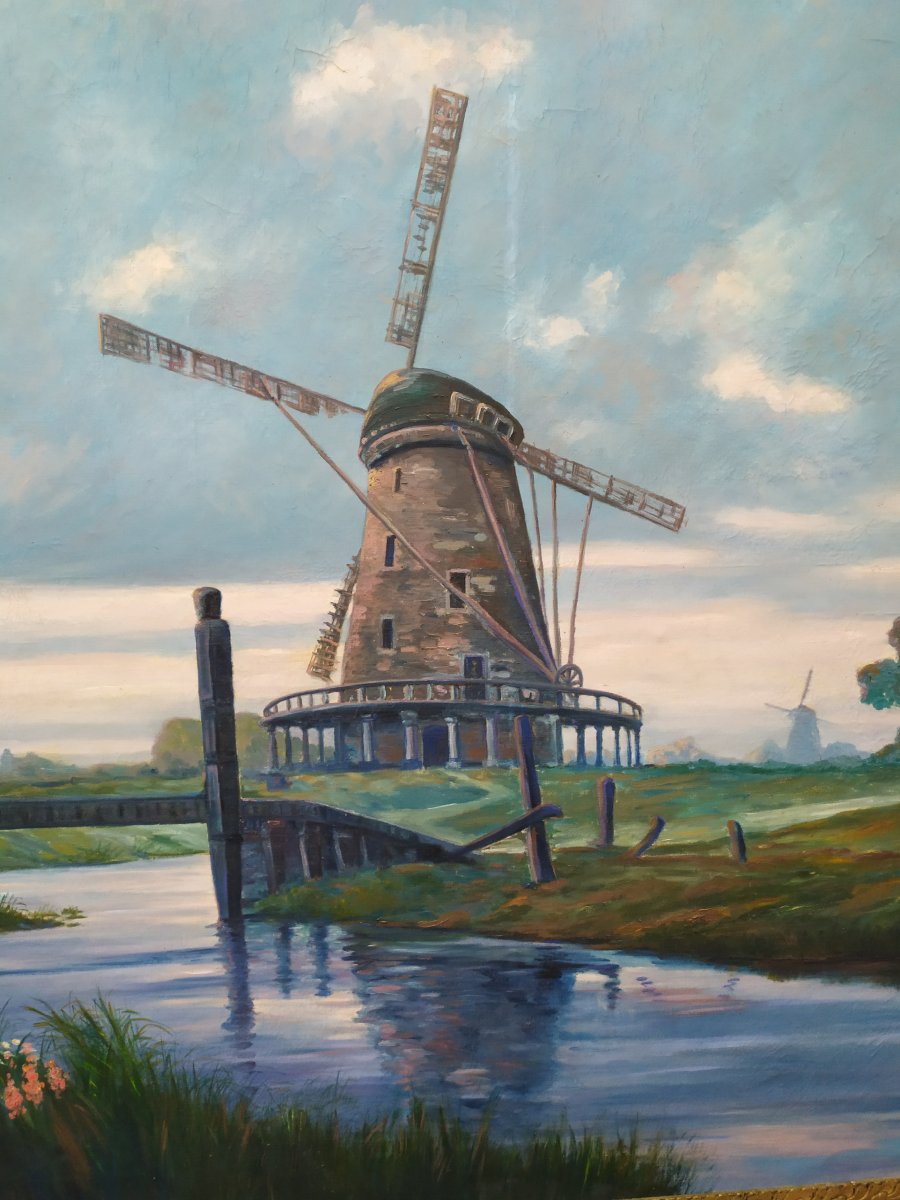 Dutch Landscape With Windmill - Oil On Canvas - XXth-photo-3