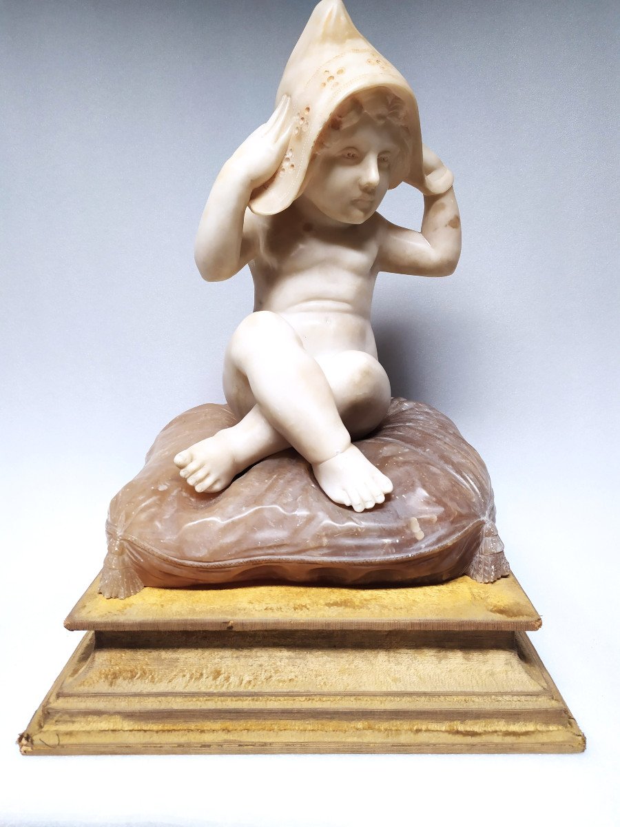 Marble Sculpture - Child Seated On Cushion - XIXth Century.