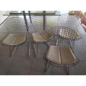 Knoll – 4 Bertoia Chairs In Chromed Steel With Pads.