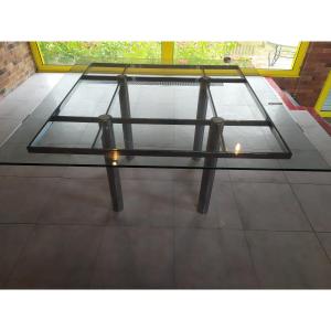 TABLE EN VERRE ET STRUCTURE EN METAL CHROME– TOBIA SCARPA – modèle ANDRE-
