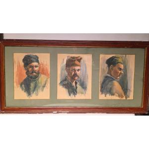 EDMOND DELPHAUT -AQUARELLE TRIPTIQUE DE PRISONNIERS SERBES PENDANT GUERRE 14-18.