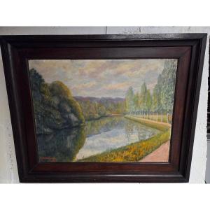 Oil On Wood Panel – The Nantes-brest Canal – Edmond Delphaut – 20th Century.
