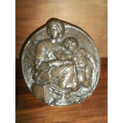 Bronze "virgin With The Child And Jean-baptist" According To Michelangelo - XIXth