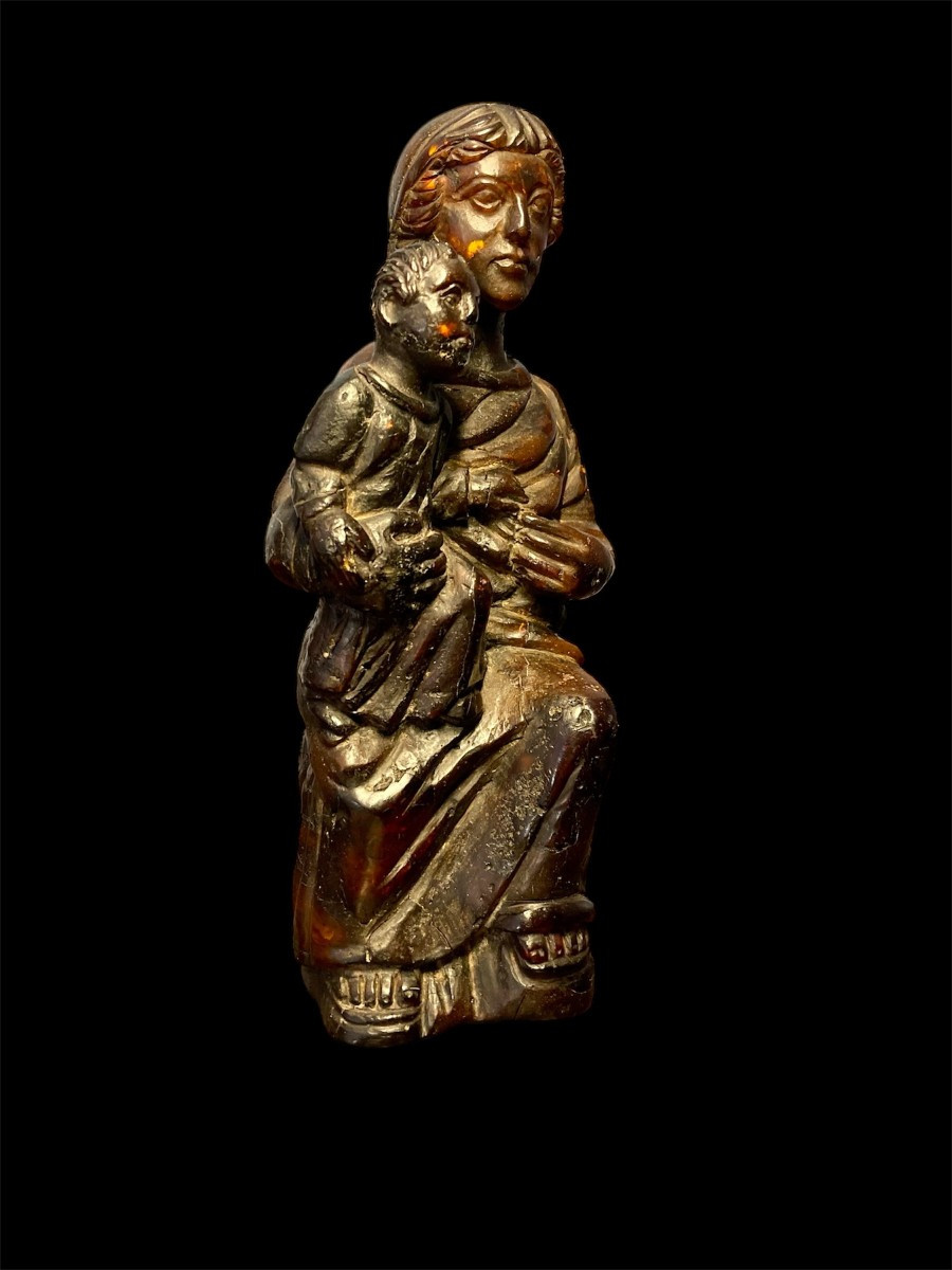 Early XV Century - Baltic Black Amber - Enthroned Madonna With Child