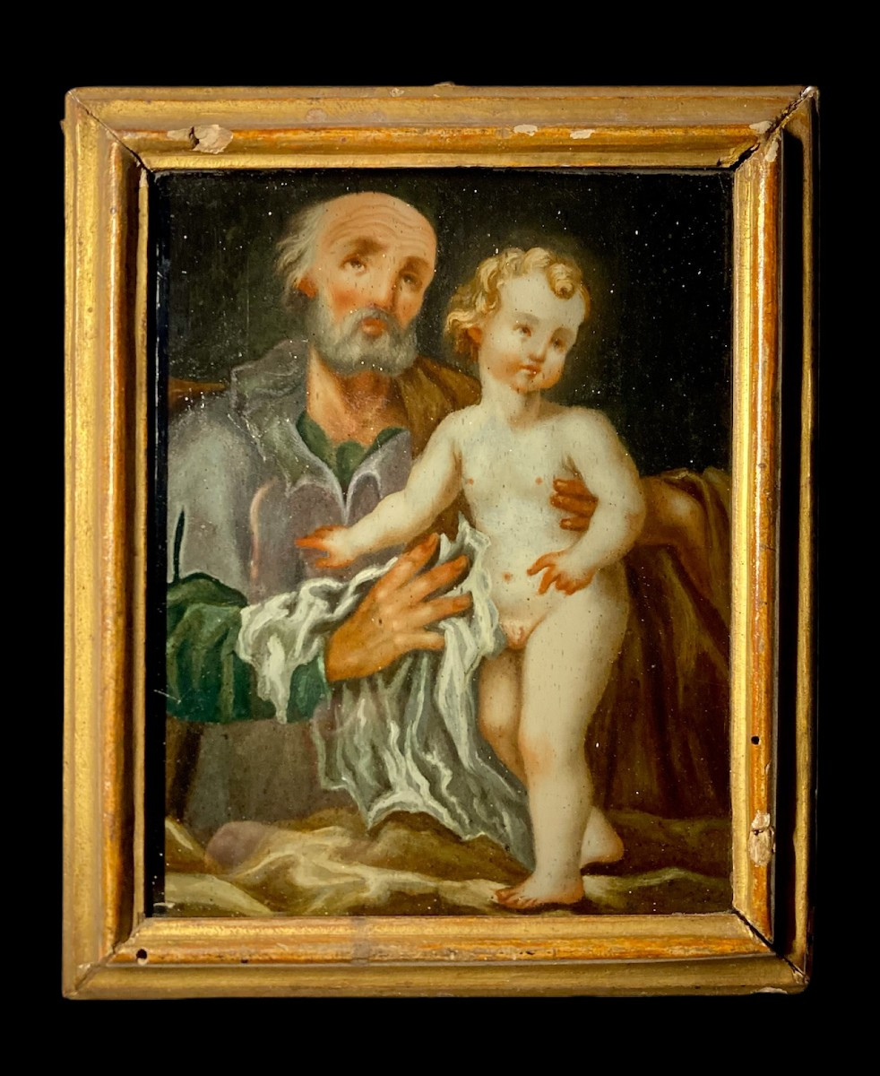 18th Century - Oil Under Glass - Saint Joseph With The Child 
