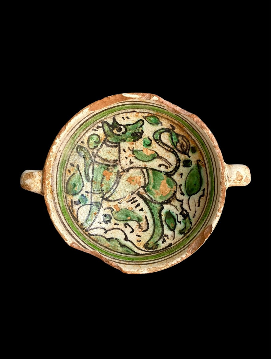 Viterbo - Mid-14th Century - Polychrome Majolica Bowl With A Zoomorphic Figure