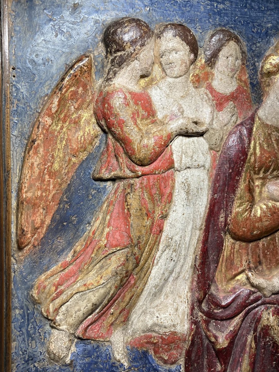 Atelier Della Robbia – Milieu du XV siècle – Bas-relief en stuc polychrome et doré -photo-4