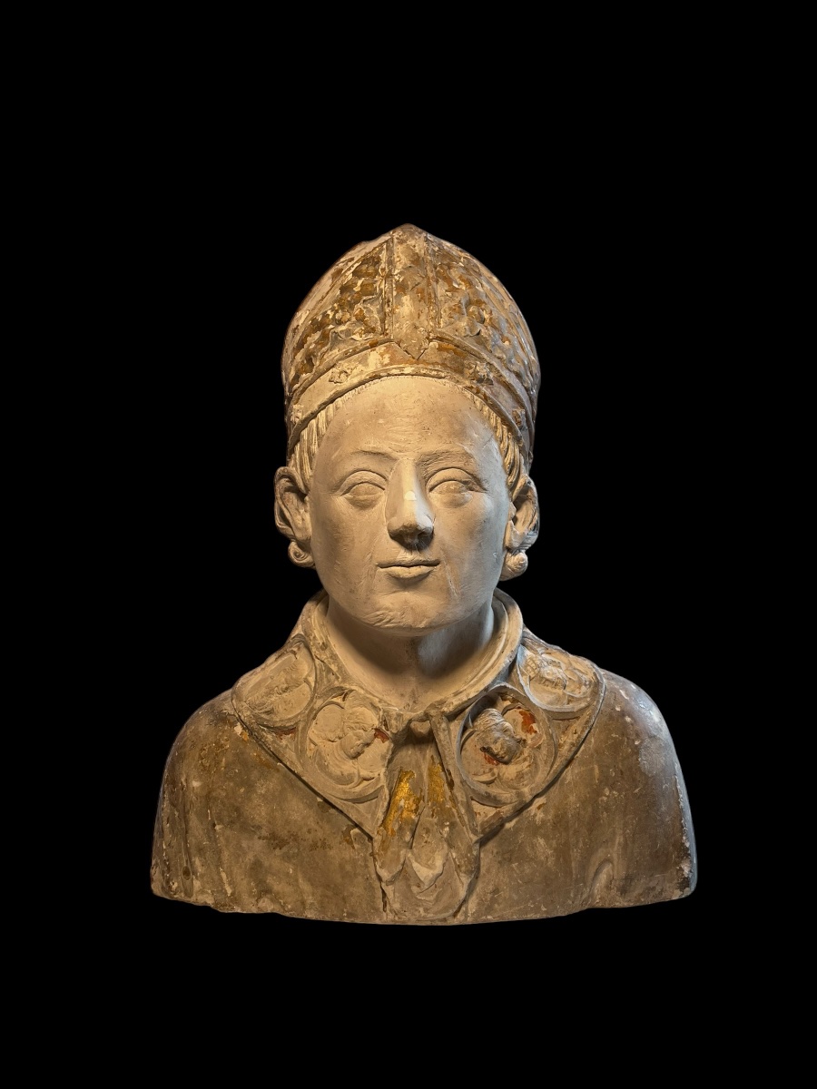 France (Champagne) - II moitié du XIV siècle - Buste de Saint Évêque en pierre calcaire -photo-2