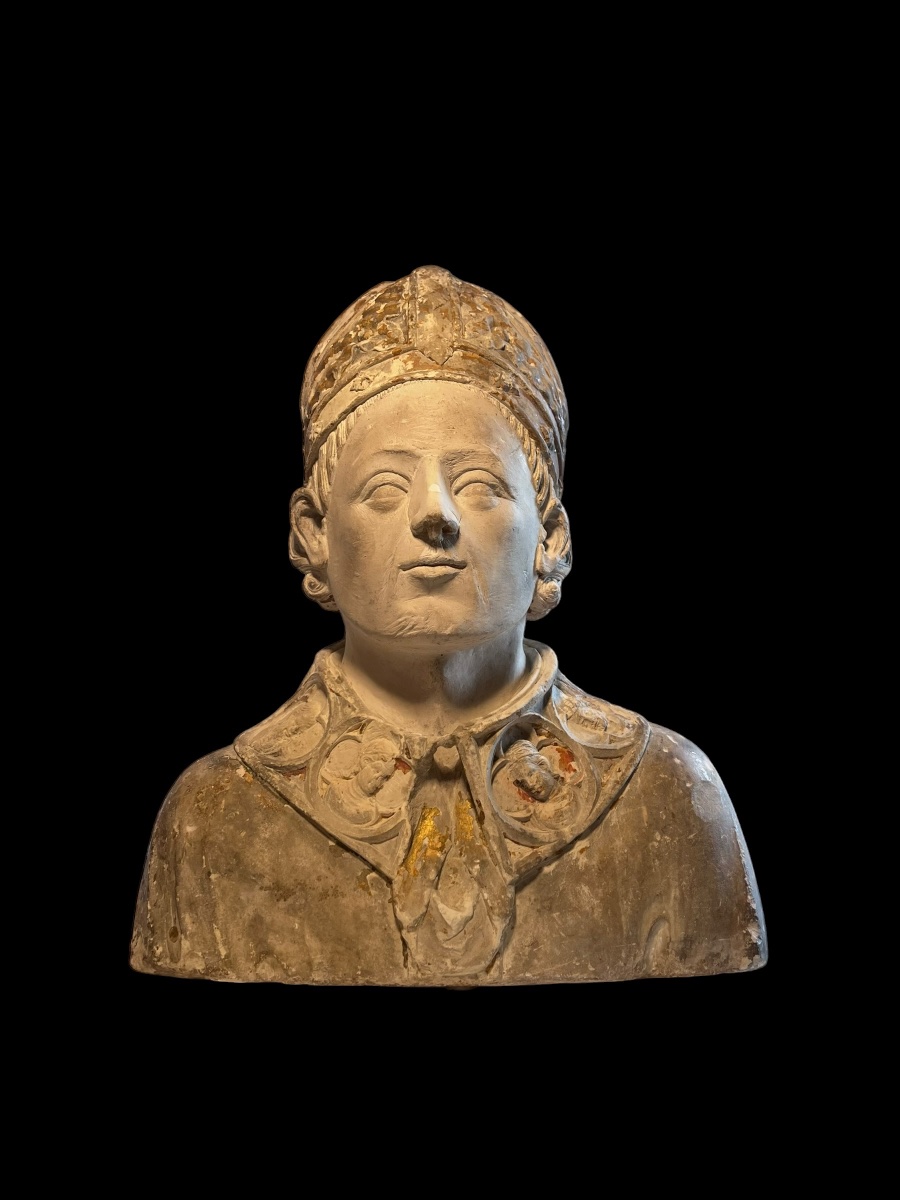 France (Champagne) - II moitié du XIV siècle - Buste de Saint Évêque en pierre calcaire -photo-1
