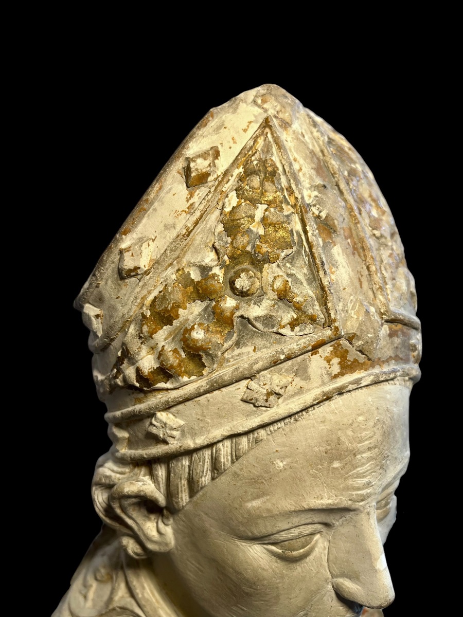 France (Champagne) - II moitié du XIV siècle - Buste de Saint Évêque en pierre calcaire -photo-7