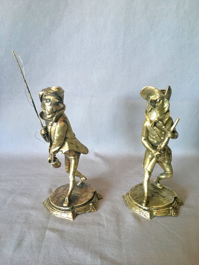 Humorous Bronze Candlesticks Hunting And Fishing-photo-2