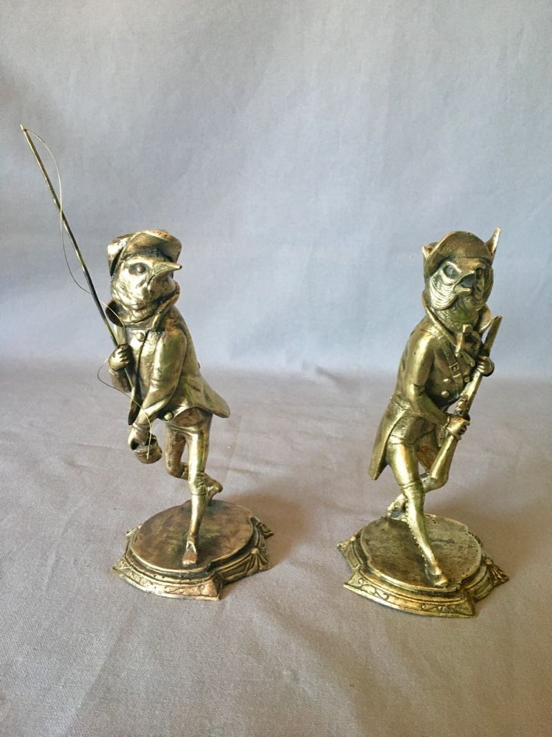 Humorous Bronze Candlesticks Hunting And Fishing