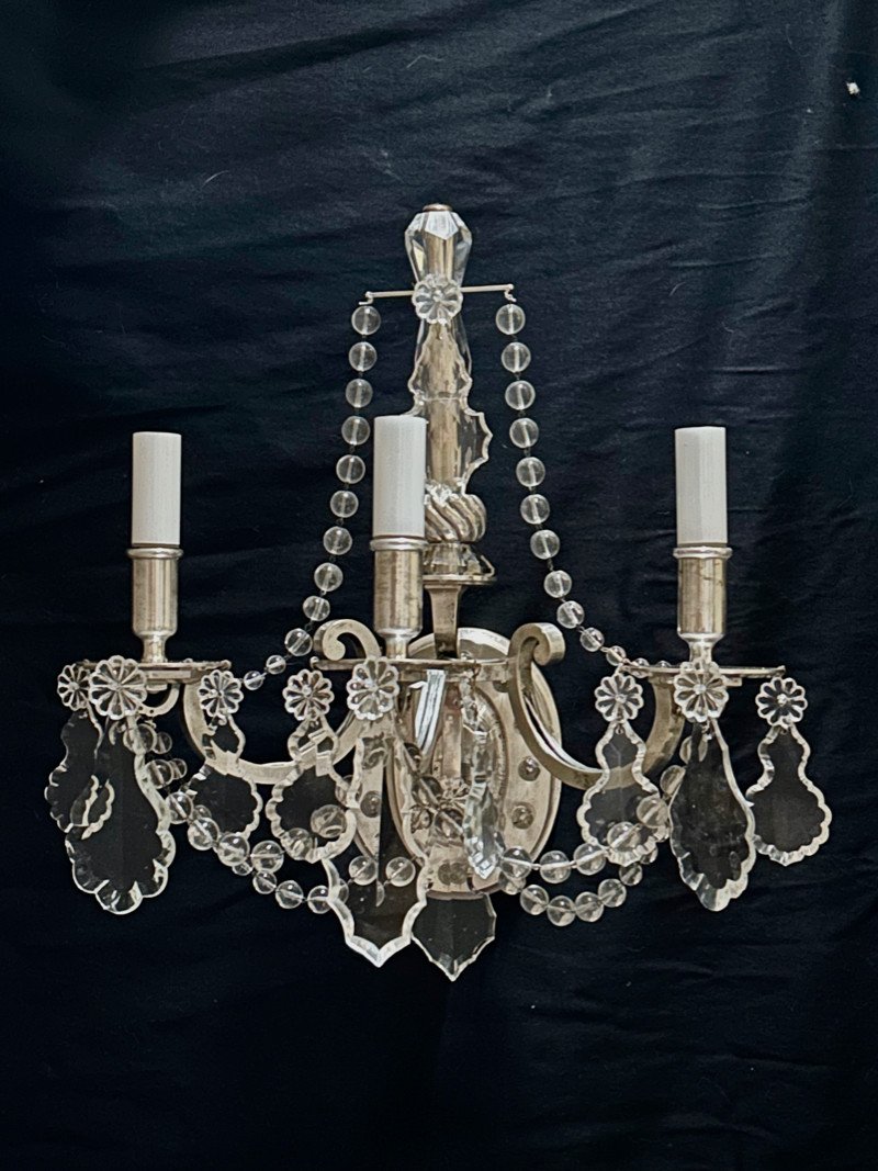 Ensemble De Trois Appliques Art Déco En Metal Argenté-photo-2