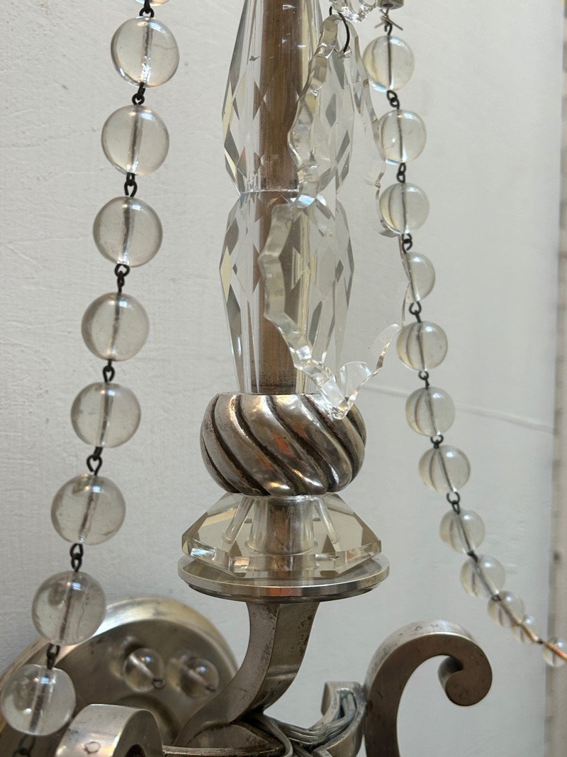 Ensemble De Trois Appliques Art Déco En Metal Argenté-photo-3