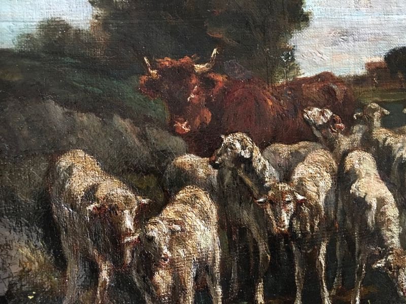 Oil On Canvas Late 18th Century Cow And Sheep-photo-4