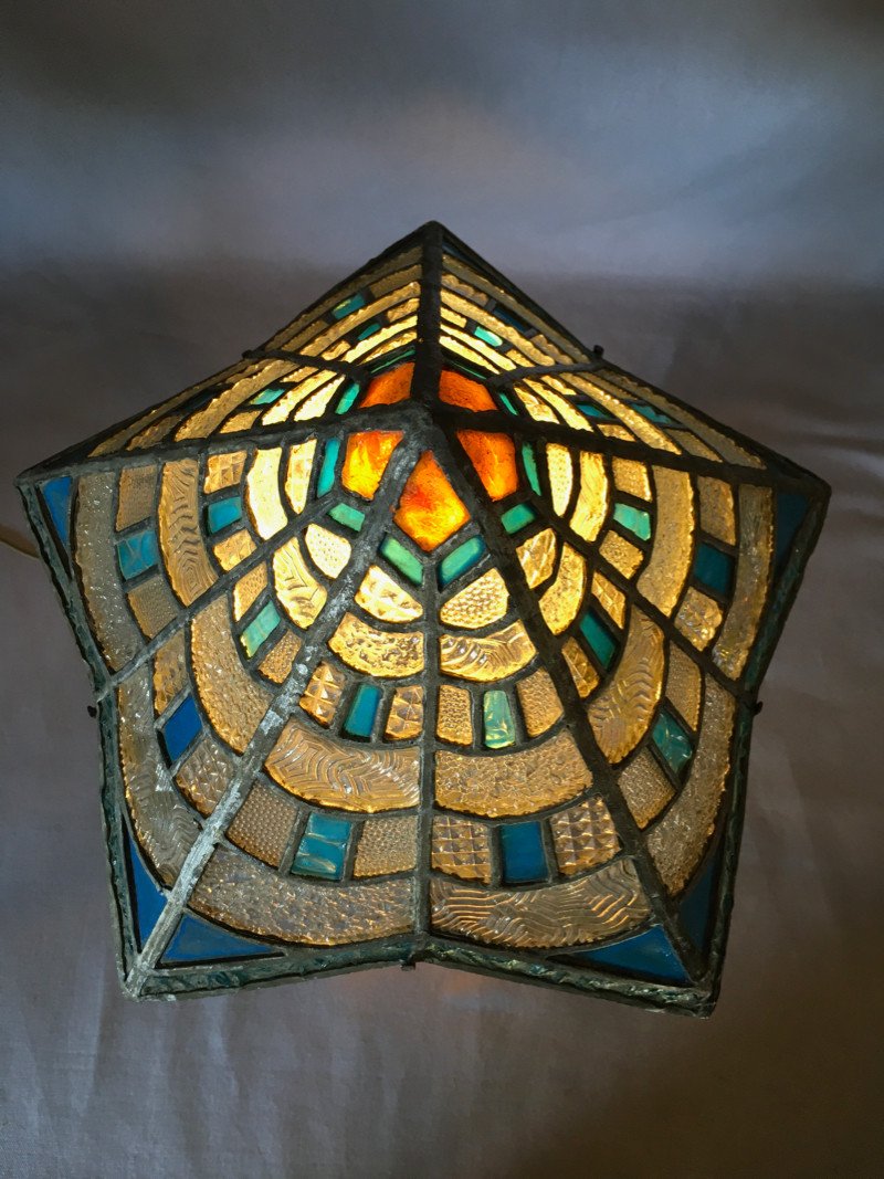 Art Deco Stained Glass Lamp Early 20th Century-photo-3