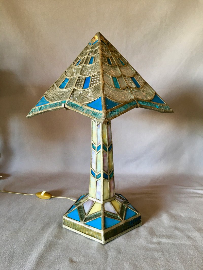 Art Deco Stained Glass Lamp Early 20th Century-photo-4