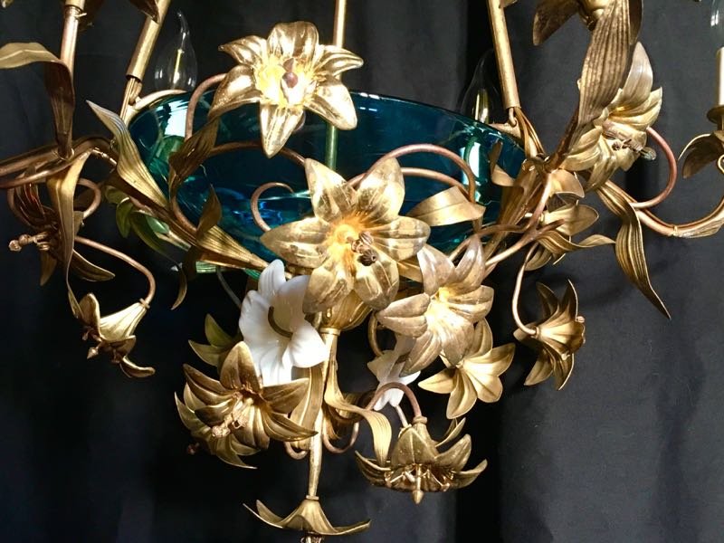 Chandelier 6 Arms With Flowers In Brass And Porcelain.-photo-3