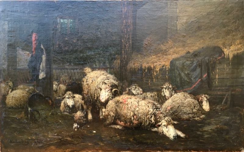 Tableau Huile Sur Toile  Moutons Dans La Bergerie Signé A. KALLENBERG-photo-2