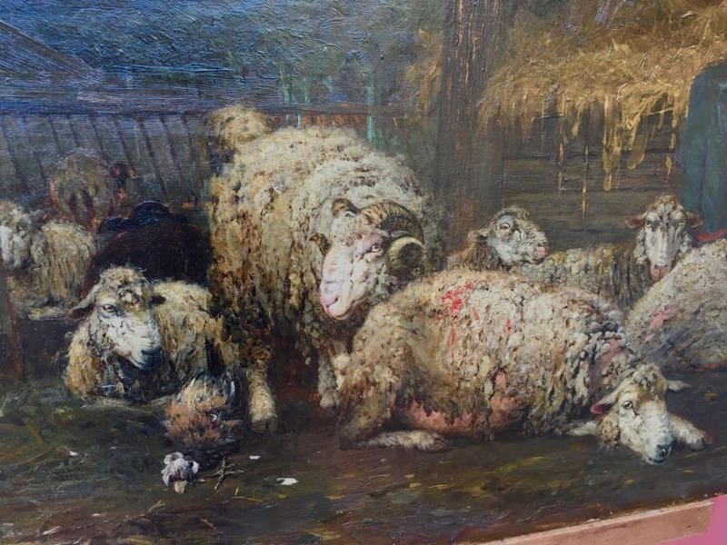 Tableau Huile Sur Toile  Moutons Dans La Bergerie Signé A. KALLENBERG