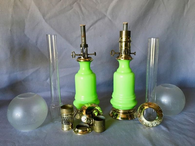 Pair Of 19th Century Opaline Moderator Oil Lamps-photo-3