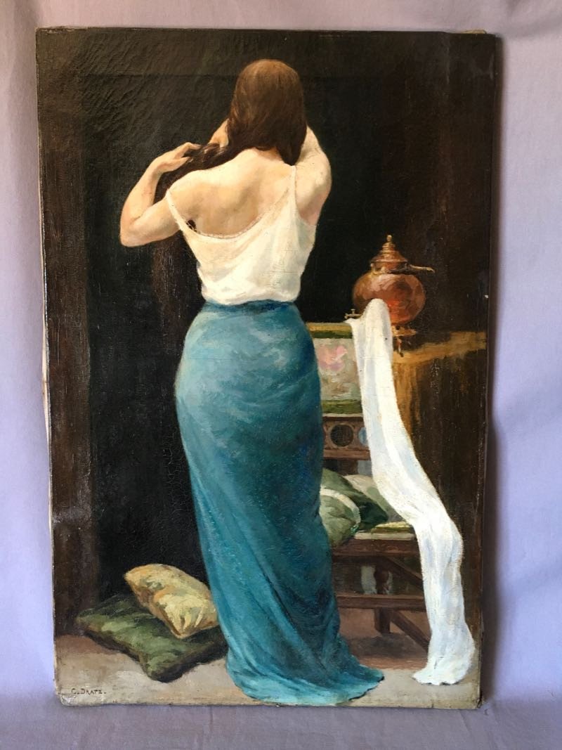 Tableau Femme de Dos Tressant ses Cheveux Signé Constant Dratz-photo-2