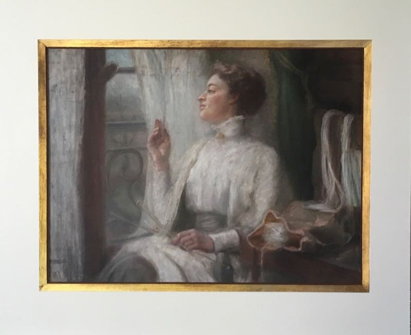 Grand Pastel Fin XIXe - Début XXe Femme Au Tricot-photo-2