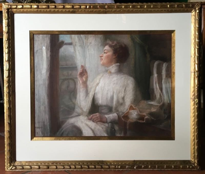 Grand Pastel Fin XIXe - Début XXe Femme Au Tricot-photo-1