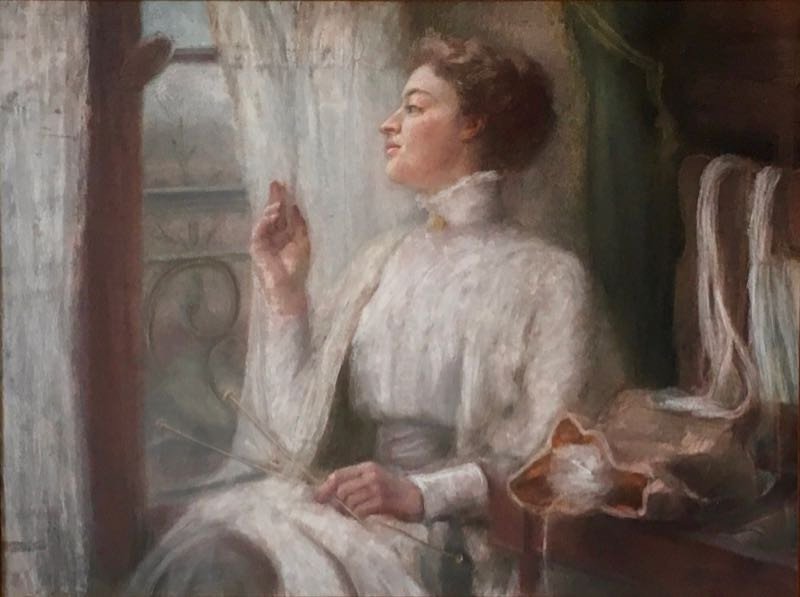 Grand Pastel Fin XIXe - Début XXe Femme Au Tricot