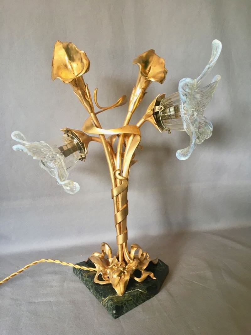 Lampe Art Nouveau Floral en Bronze Doré-photo-2