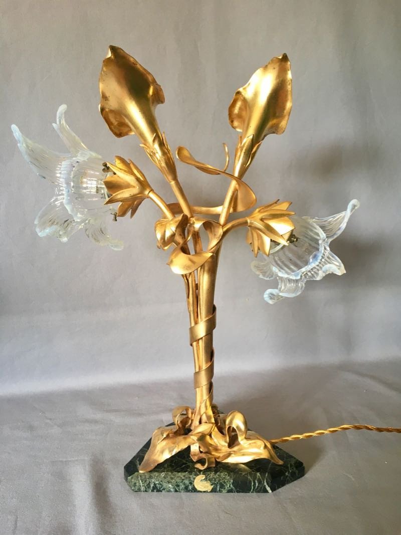 Lampe Art Nouveau Floral en Bronze Doré-photo-3