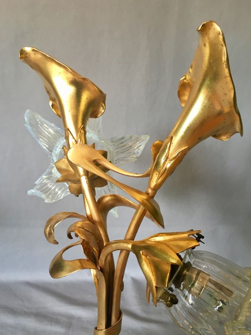 Lampe Art Nouveau Floral en Bronze Doré-photo-4